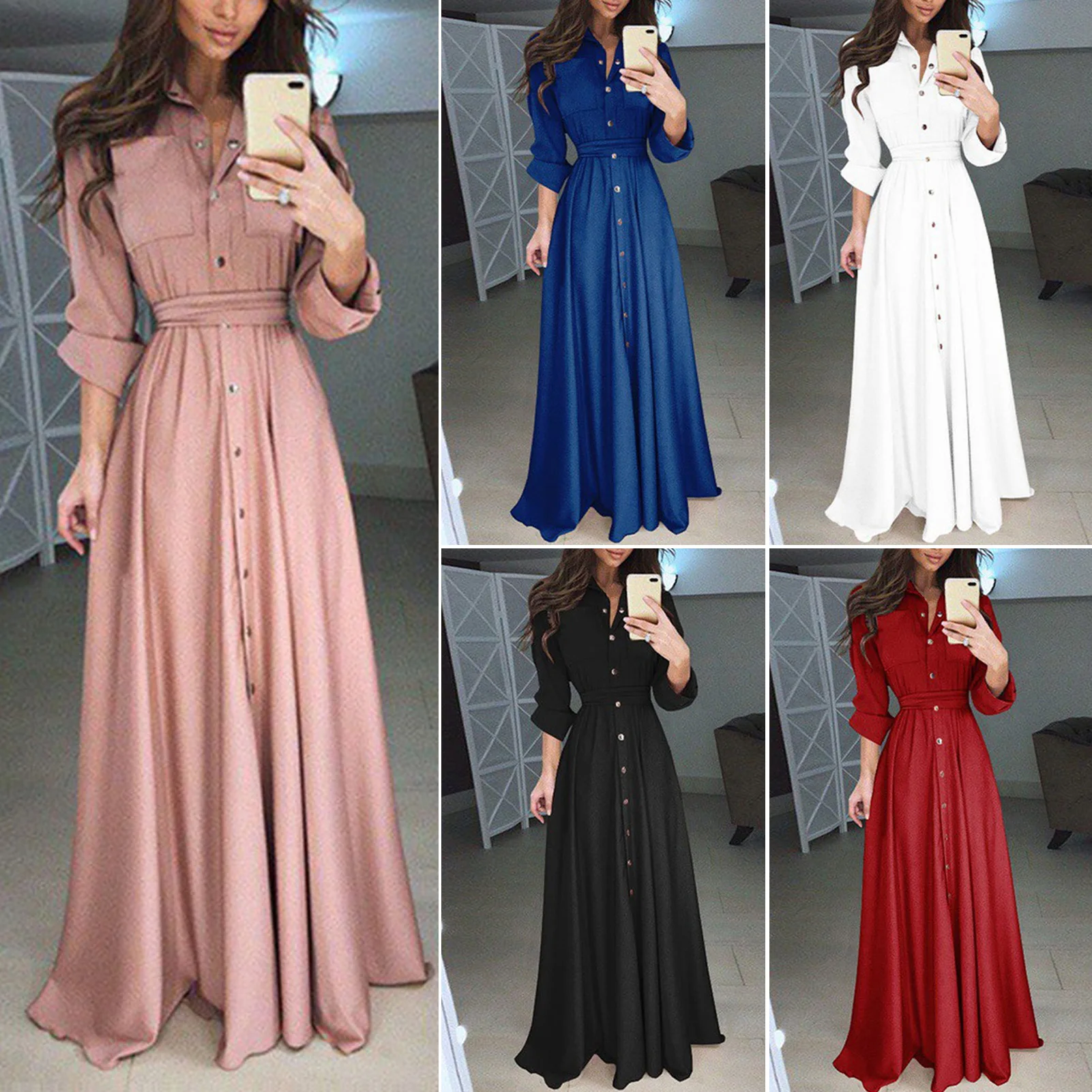 Stylish Single Breasted Long Sleeve Long Dress Soft Comfy Versatile Dress For Shopping Dating