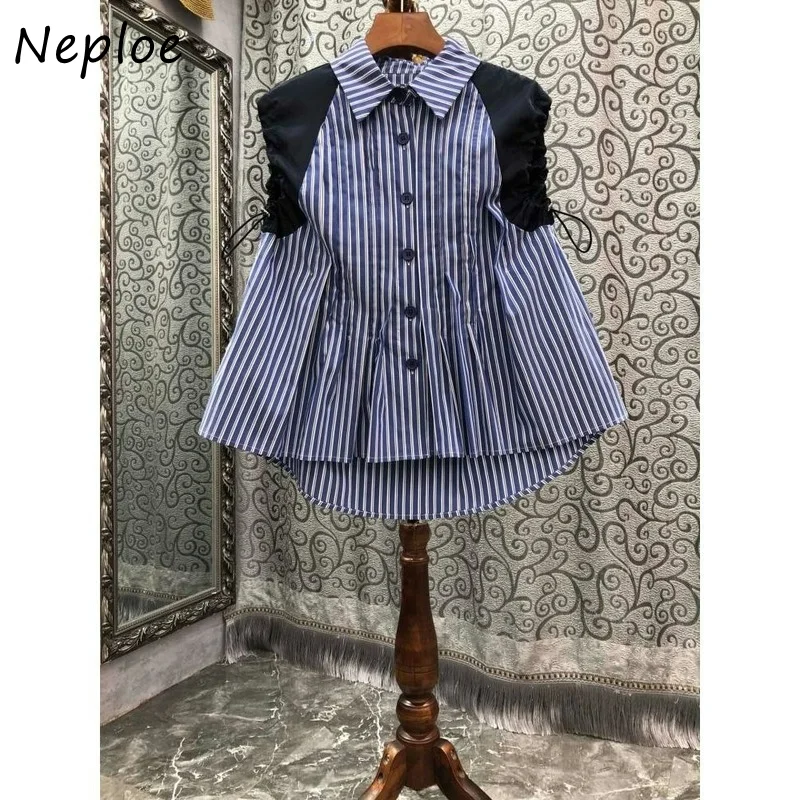 Neploe Turn Down Collar Single-breasted Blouse Pleated Drawstring Patchwork Shirts Korean 2024 Fashion Loose Casual Blusas