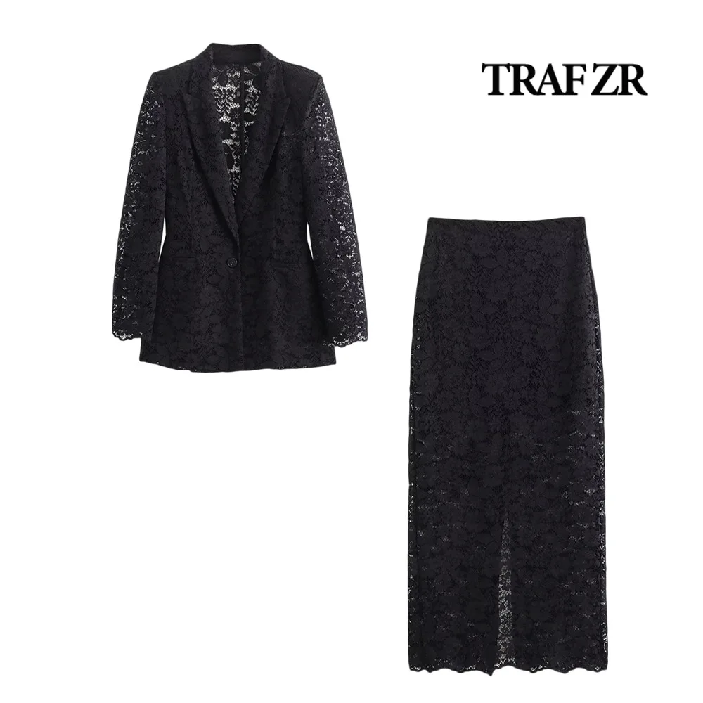 

TRAF ZR Elegant Chic Lace Two-piece Skirt Sets for Women Long Sleeve Notched Lapeled Blazer + Straight Midi Skirt with Back Slit