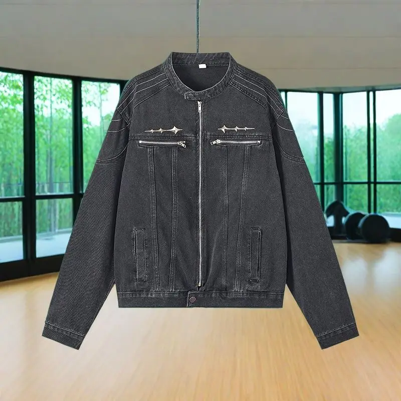 

Large Size American Denim Jacket Men's Senior Hair Stylist Trendy Brand Men's Shoulder Padded Stand-up Collar Denim Jacket