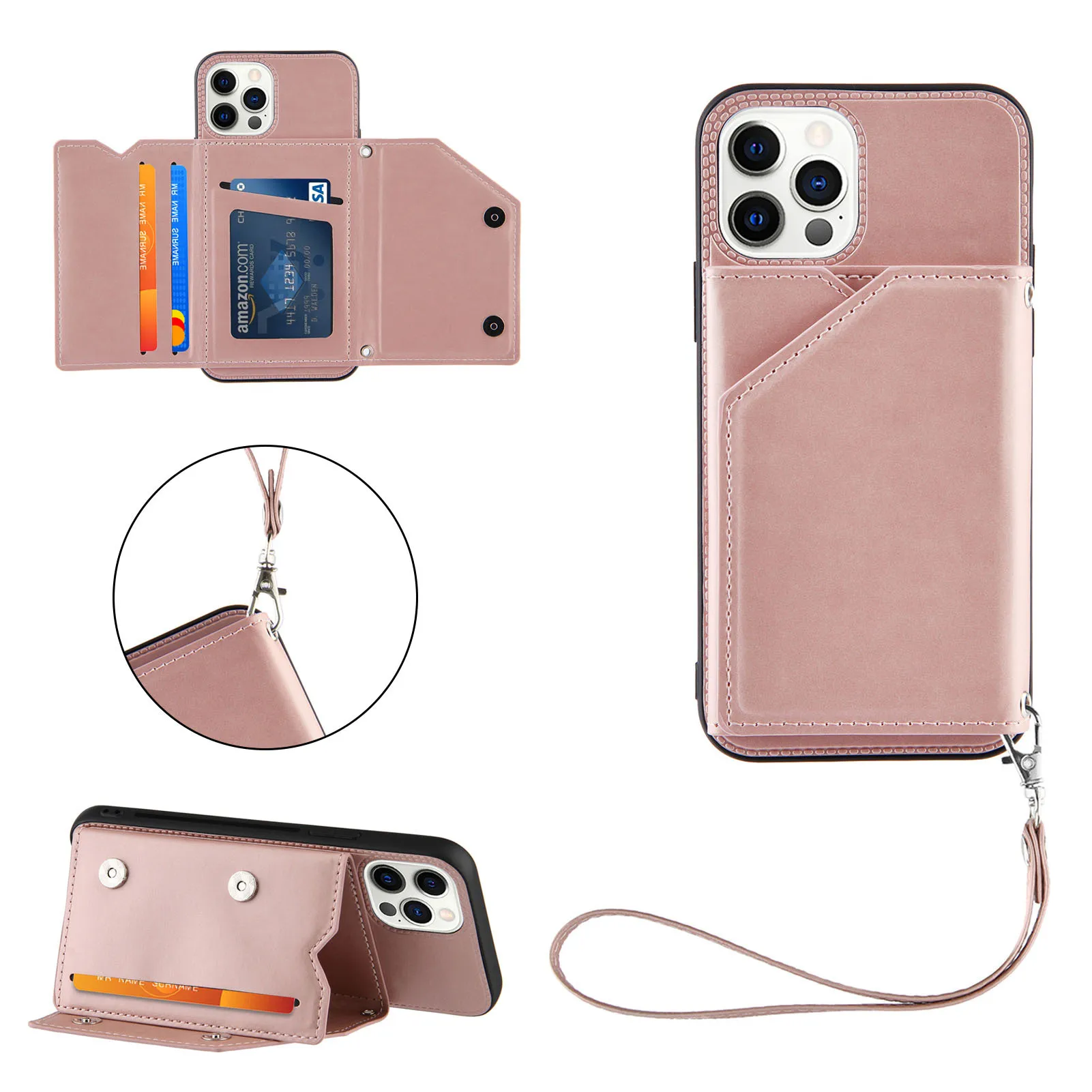 

Purse Case for iPhone 15 Pro Max/15 Plus/15 Pro/15, Card Holder Slot Stand Wallet Cover with Lanyard Hand Strap