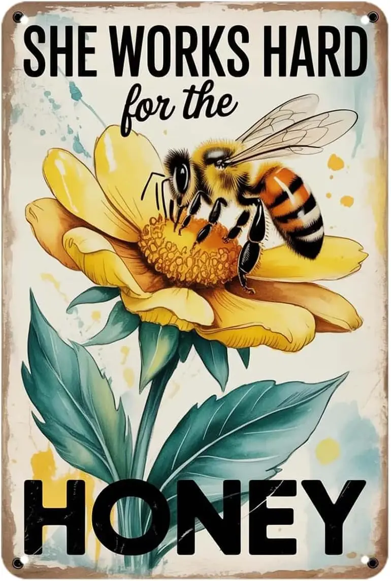 Bee Honey Lover Tin Sign She Works Hard For The Honey Vintage Metal Signs Wall Decor for Kitchen Bar Cafe Bedroom Home Patio Out