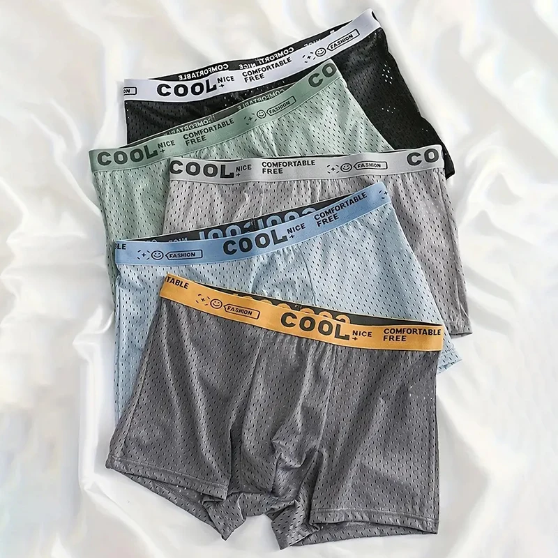 

5 шт., мужские трусы-боксеры из ледяного шелка с полной сеткой, высокоэластичная ткань и пояс, мужское нижнее белье, шелковистые дышащие мужские трусы