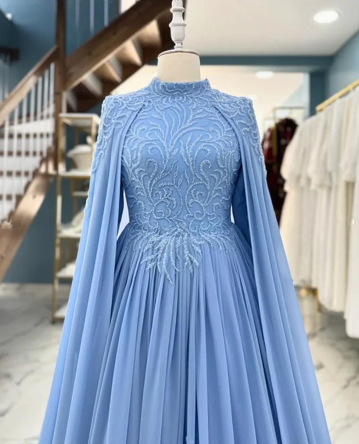 Sky Blue Muslim Caftan Evening Formal Dresses with Cape Gillter Emboridery High Neck Corset Prom Gala Gown Customsized Kaftan