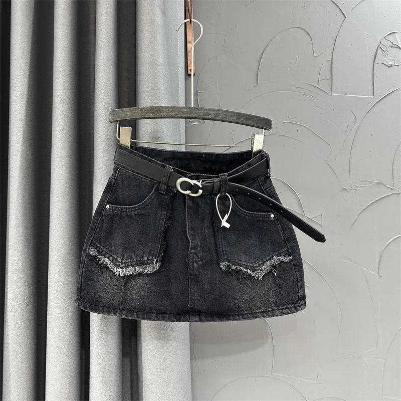 Washed Blue Retro Denim Skirt Sexy Distressed Fringed Women Summer High Waist Slim A-line Hip Wrap Skirt Spicy Girl Shorts Skirt