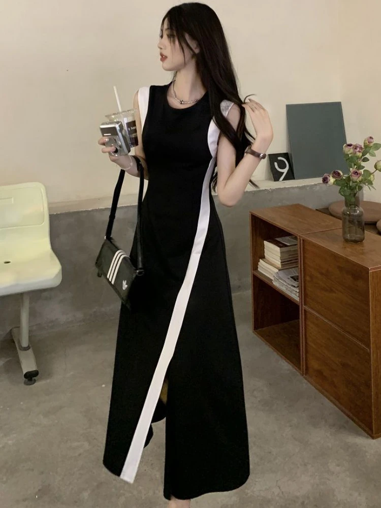 Midi Dresses Women Summer Sleeveless Simple Fashion Sweet Elegant Patchwork Leisure Empire A-line Tender Slit Korean Style Daily