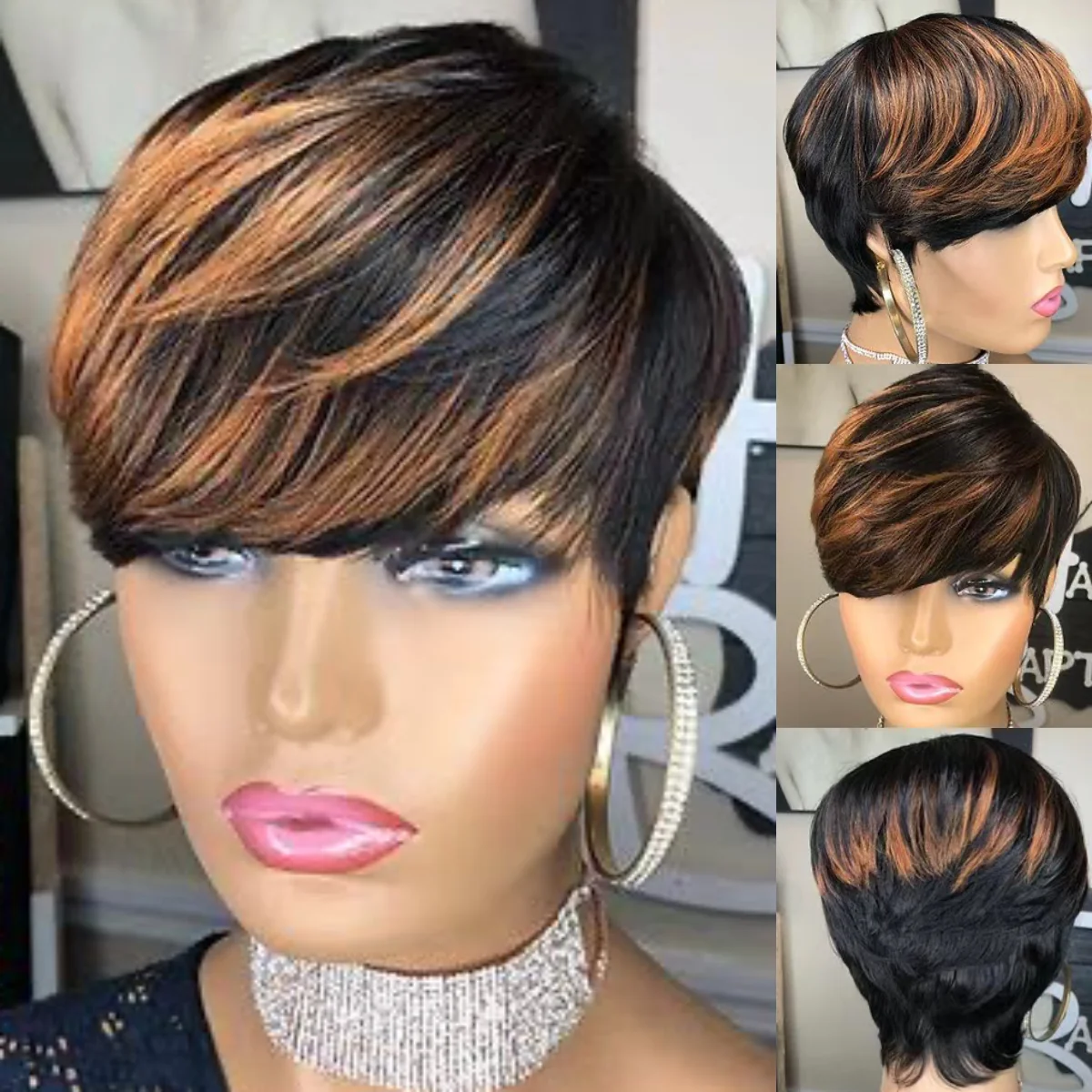 

CUZ of HAIR Ombre Black Brown Highlight 1B/30# Synthetic Short Straight Pixie Cut Hair Style Bob Wigs With Bangs For Black Women