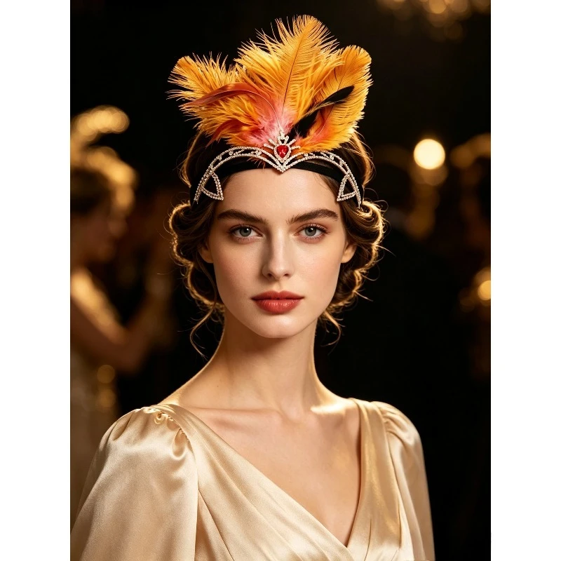 1920s Gold Crown Rhinestone Flapper Headband – Red Heart Crystal Ostrich Feather Tiara for Showgirl Carnival Party Costume