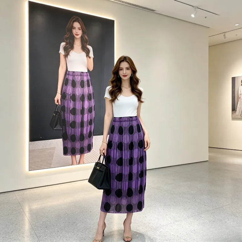 Miyake Pleated Polka Dot Skirt 2026 Summer New Niche Design Pleated Skirt Printed Slimming A-line Long Skirt for Women Pleat