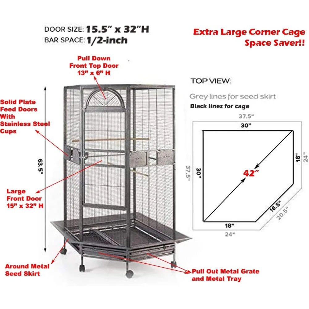 Large Corner Flight Bird Parrot Cage for Cockatiel Parakeet Budgies Parrot with Around Metal Seed Skirts