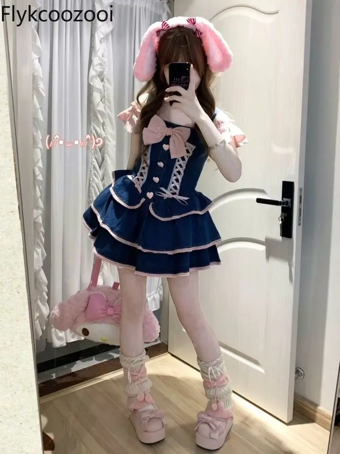 

Preppy Sweet Girly Bow Tie Tie Color Contrast Dress Female Waist Slimming Fake Two Puffy Skirts Vestidos De Fiesta Pedreria