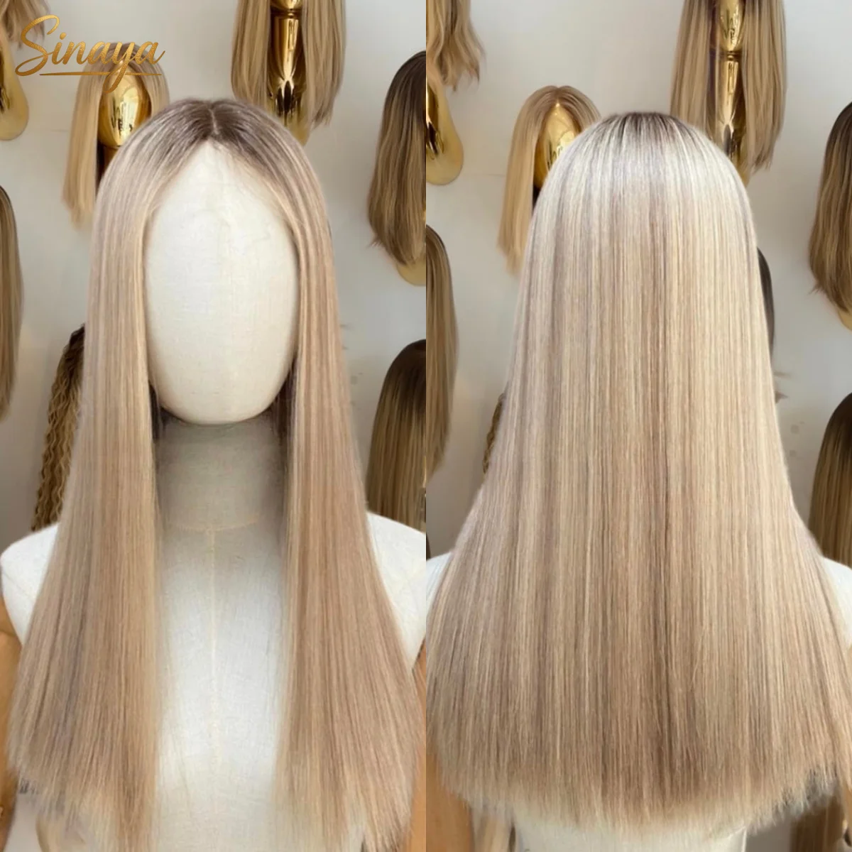 

Highlight Ombre Blonde for Women Preplucked Hairline Dark Roots Long Straight Wig 13x4 HD High Quality Synthetic Lace Front Wig