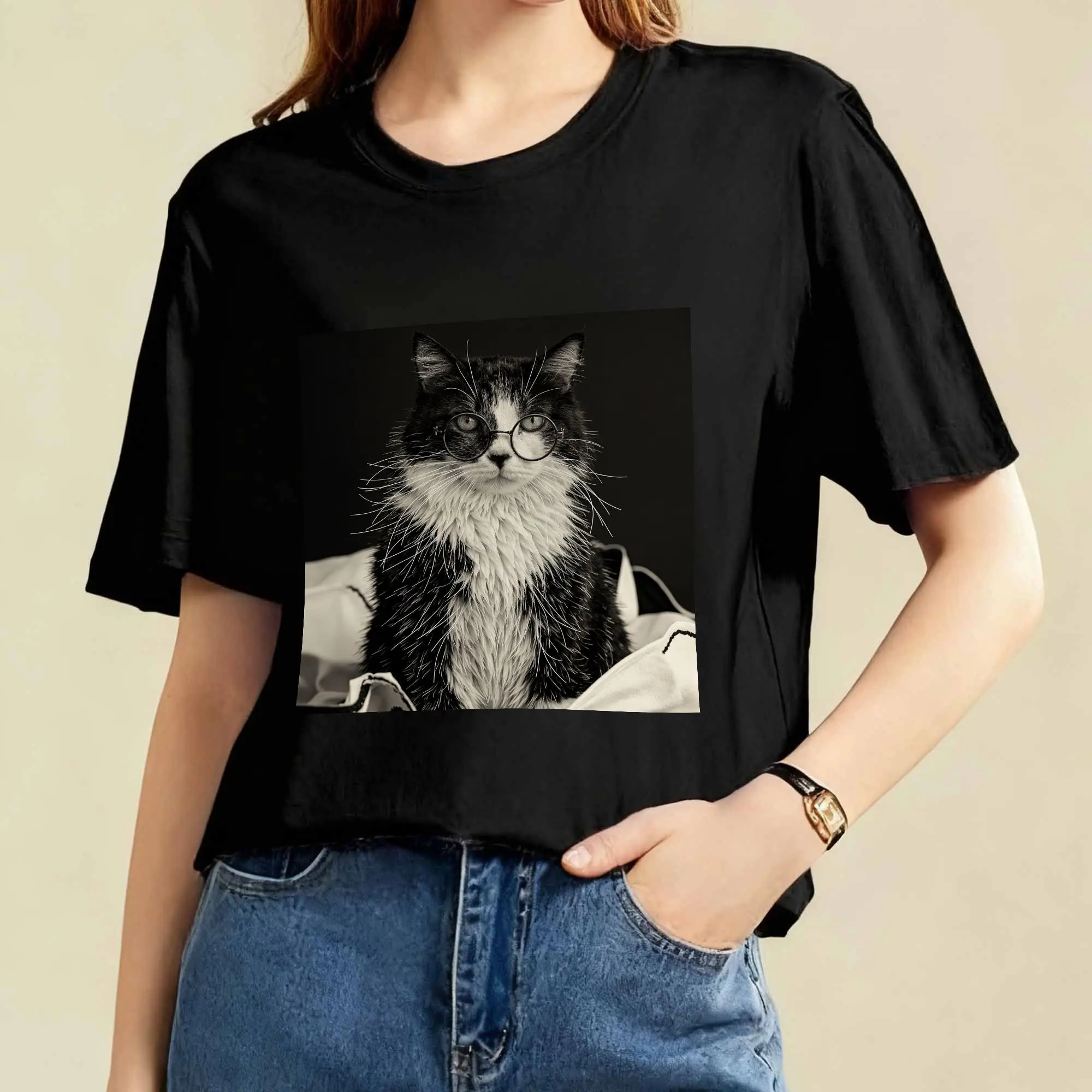 

Vintage Cat Glasses Graphic Tee Soft Cotton Short Sleeve T-Shirt