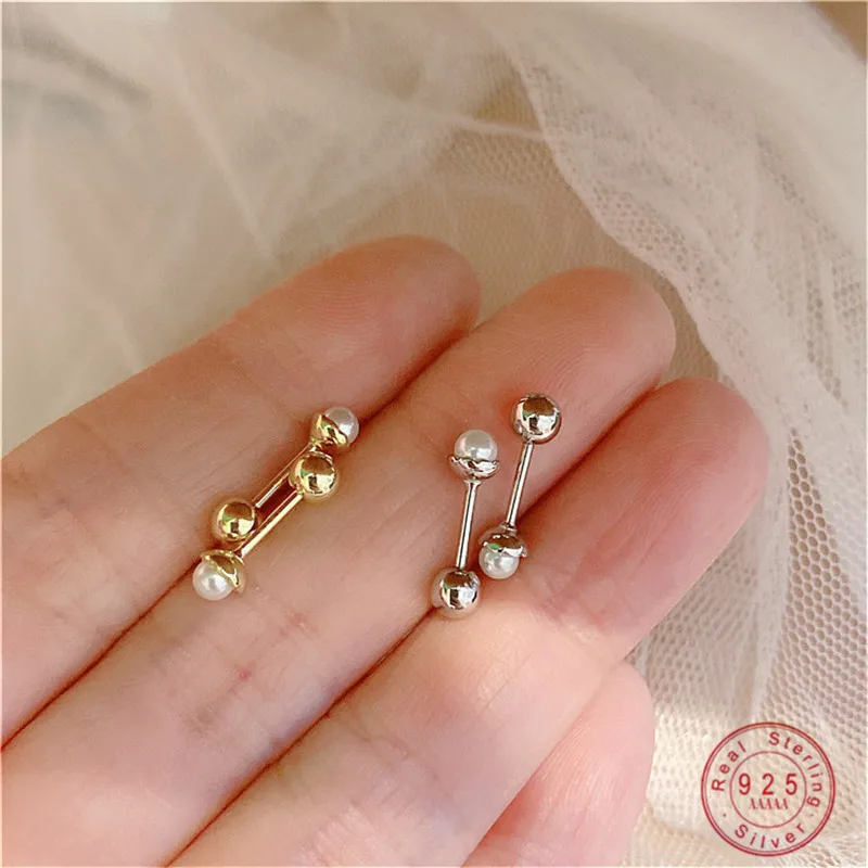 

925 Sterling Silver Korean Simple Mini Pearl Screw Stud Earrings for Women Temperament Jewelry Accessories