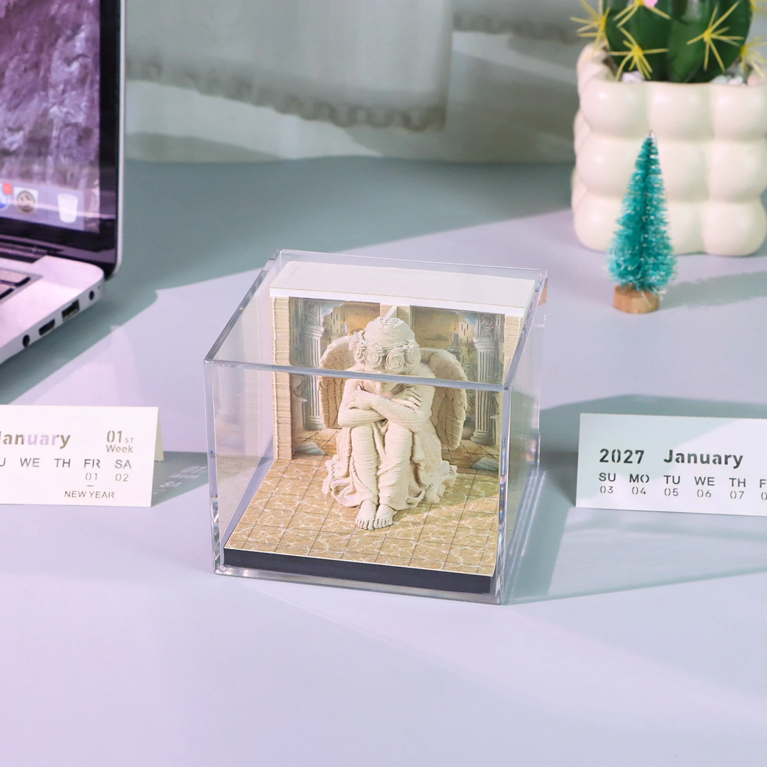 Angel Miniature Model 3D Art Calendar Memo Pad, Creative Time Piece Calendar Magic Castle Rip Away Paper Carving Sticky DIY Note