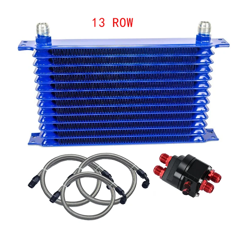 

Universal 13/15 ROW Oil Cooler Kit + Oil Filter Relocation Male Fitting Adapter + AN10 Stainless Braided Hose BLUE