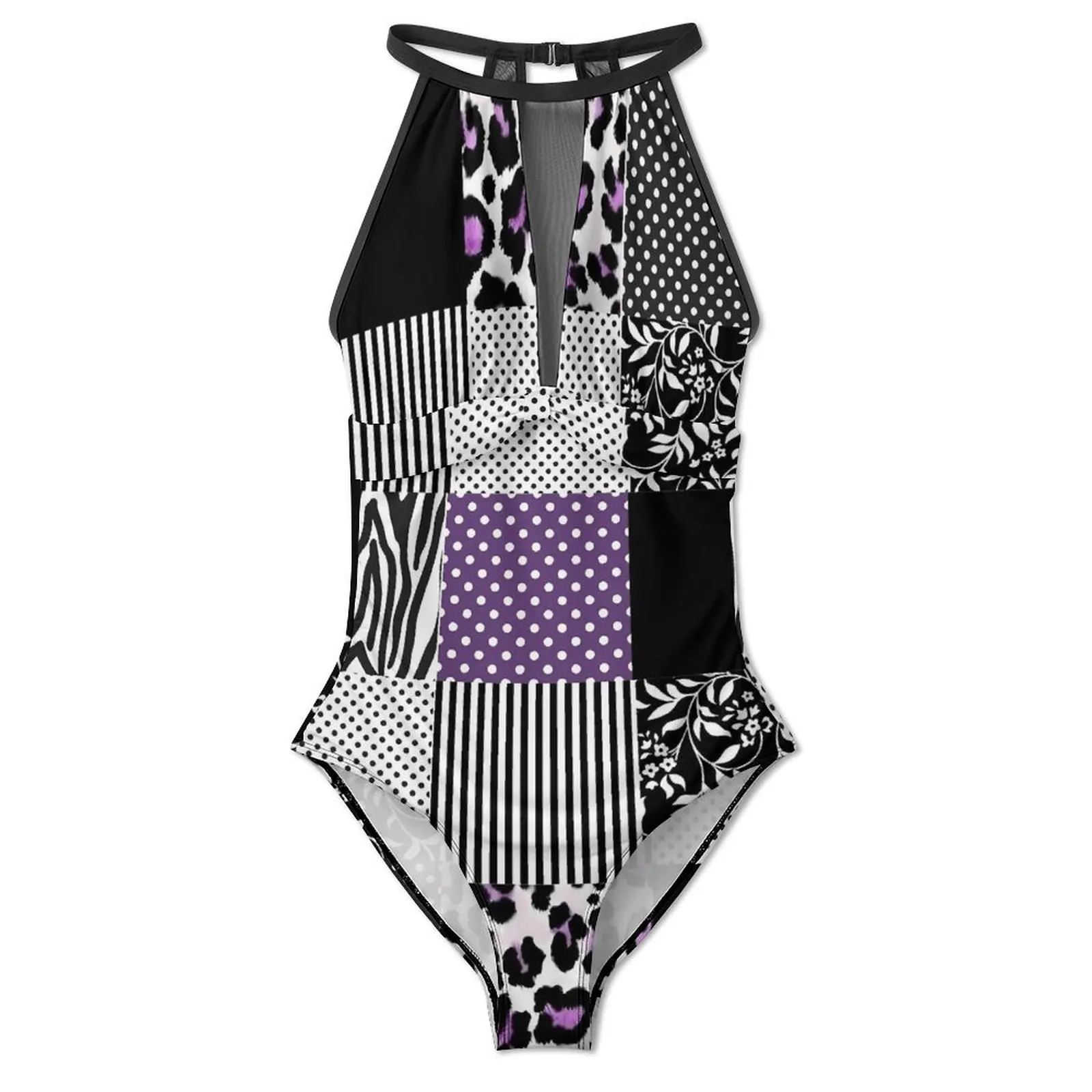 Patchwork Print Badpak Sexy Paars En Zwart Dames Badmode Eendelig Trendy Bodysuit Vakantie Rave Push-Up Mesh Monokini