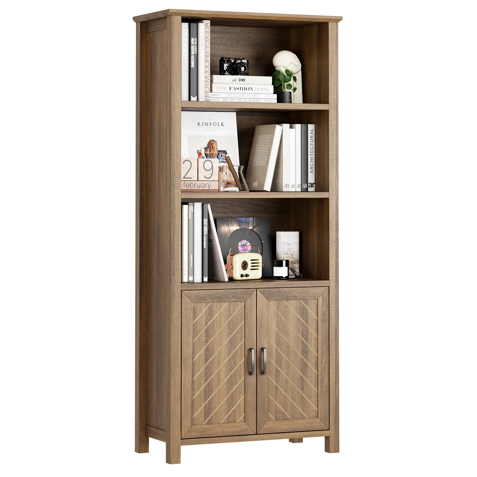 

Farmhouse Bookshelves with Doors, 5-Tier Storage Bookshelf, Wooden with Adjustable Shelves for Living Room, Bedroom, Kitchen, Di