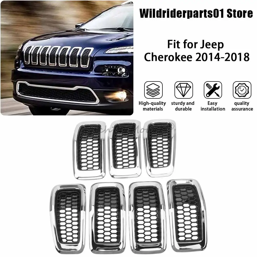 

Передняя решетка, накладка на решетку, сетчатый стиль, 7 шт., глянцевые черные автомобильные аксессуары, подходят для Jeep Cherokee 2014 2015 2016 2017 2018