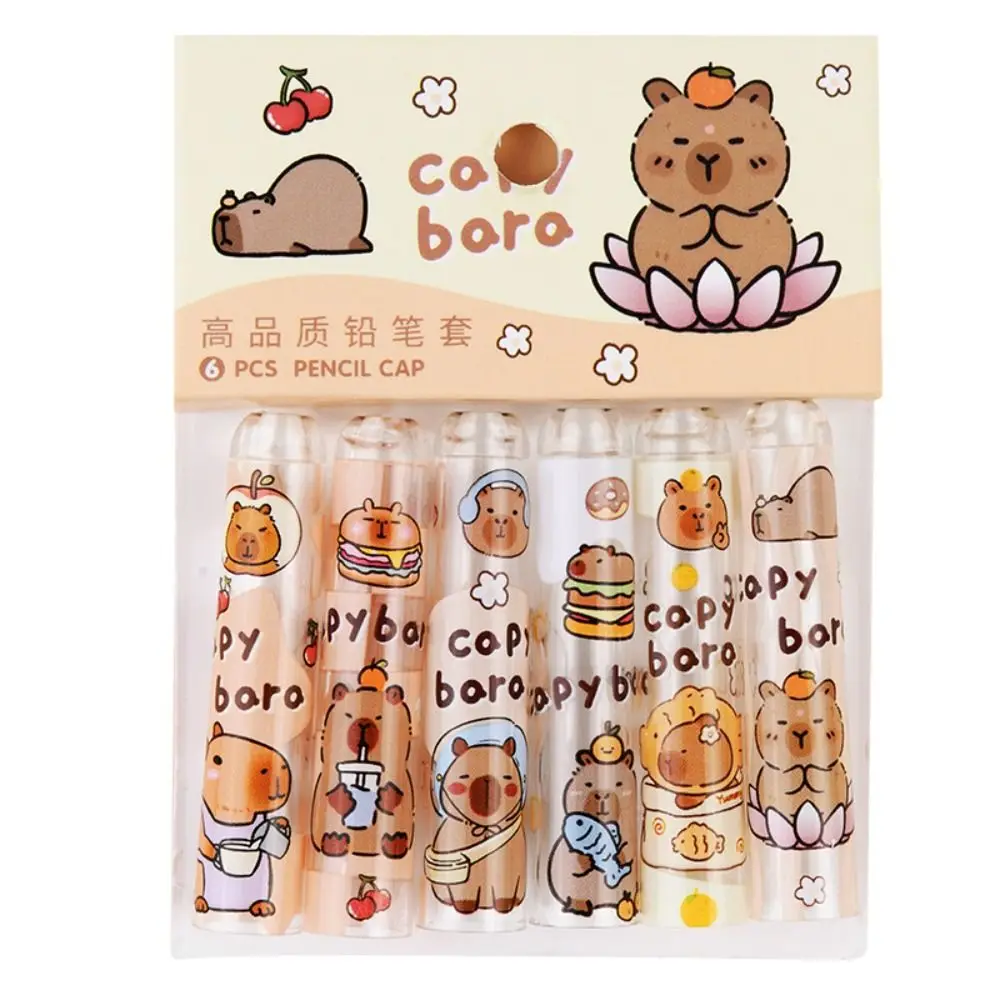 

6PCS Stationery Cute Capybars Pencil Cap Kawaii Transparent Pencil Topper Covers Non Toxic Cartoon Pencil Extender Children