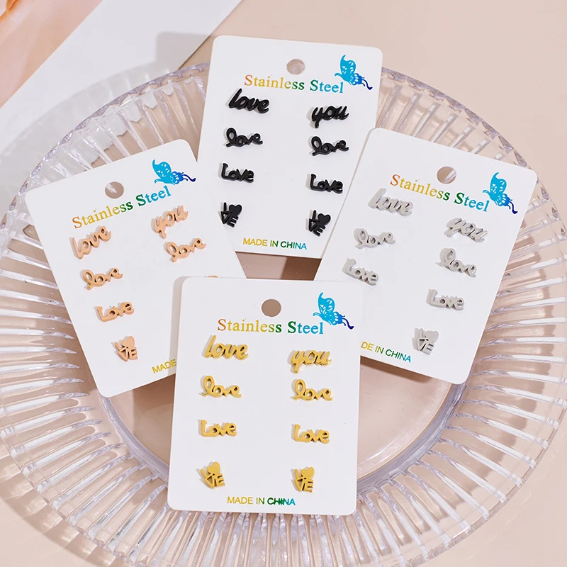 4 Paar romantische LOVE-Alphabet-Ohrringe aus Edelstahl für Frauen, klassisches Ohrschmuck-Set, Mädchen-Ohrringe zum Valentinstag, Geschenke