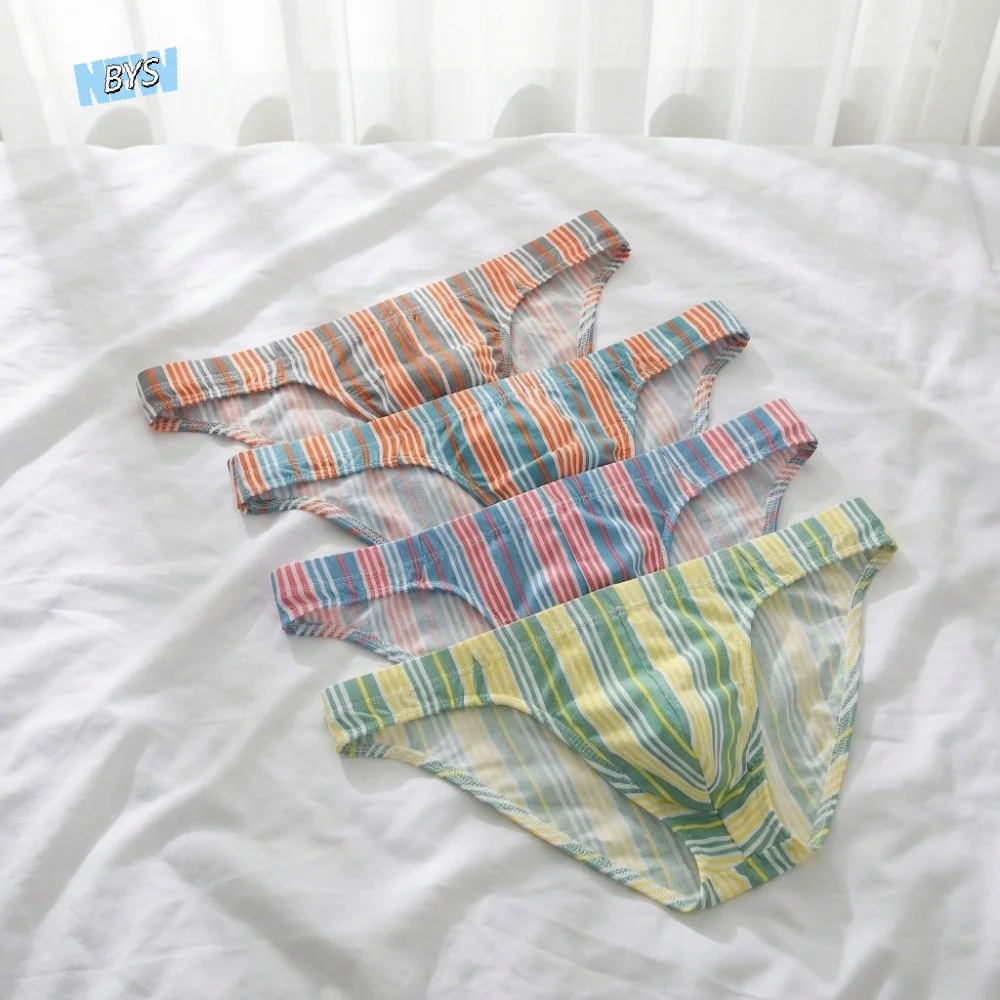 

Comfortable Lingerie Men's Triangle Panties Mid Waist Breathable Men Thin Briefs Large Size Striped Briefs Men