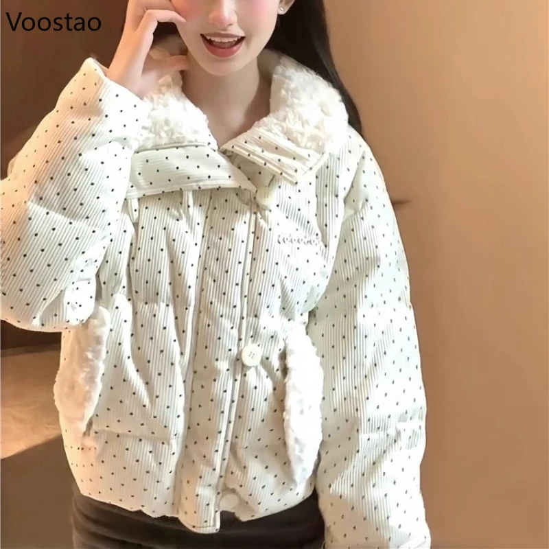 

Kawaii корейский стиль женские парки осень зима повседневная плюшевая лоскутная подкладка пуховая куртка в горошек свободное теплое стеганое пальто