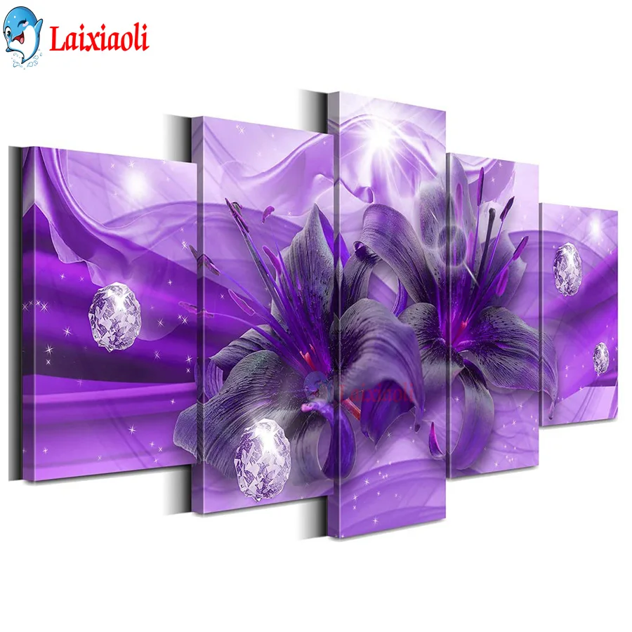 

5 panels purple Lily flower Full Drill 5D Diy Diamond Painting fantasy background wall decor Mosaic Diamond Embroidery Sale Kits