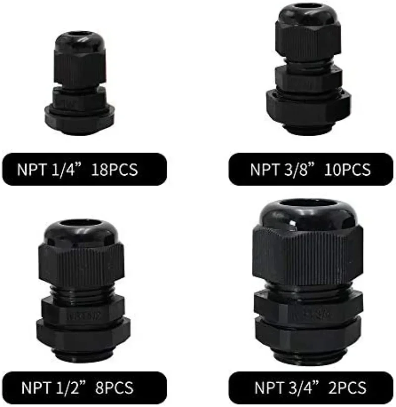38pcs Cable Glands Joint Kit Waterproof Adjustable Nylon 1/4” 3/8” 1/2” 3/4” Strain Relief Cord Connectors Black With Gaskets