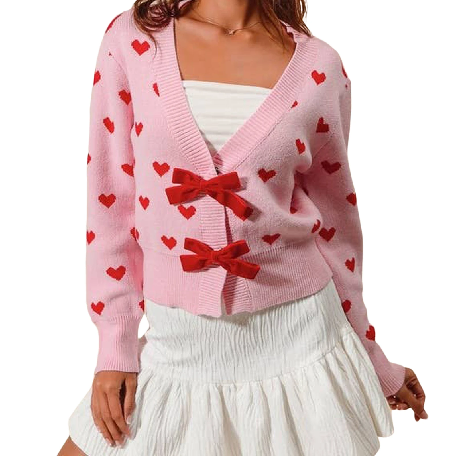 Valentine's Day Women's Heart Pattern Long Sleeve Bow Button V-Neck Sweater Streetwear Outfits Aesthetic Cropped Knit Cardigan