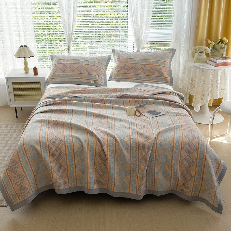 180x200cm Summer Quilt Pillow Towel 3-Piece Set 100% Cotton Retro Printed Three Layer Yarn Bed Cover Towel Quilt Cover Carpet