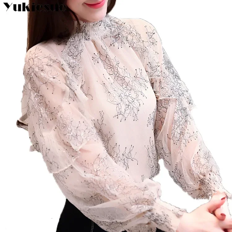 ruffles Lace Blouse 2022 long sleeve hollow out Elegant Casual Printed Women Tops Fashion Perspective Chiffon shirt clothe