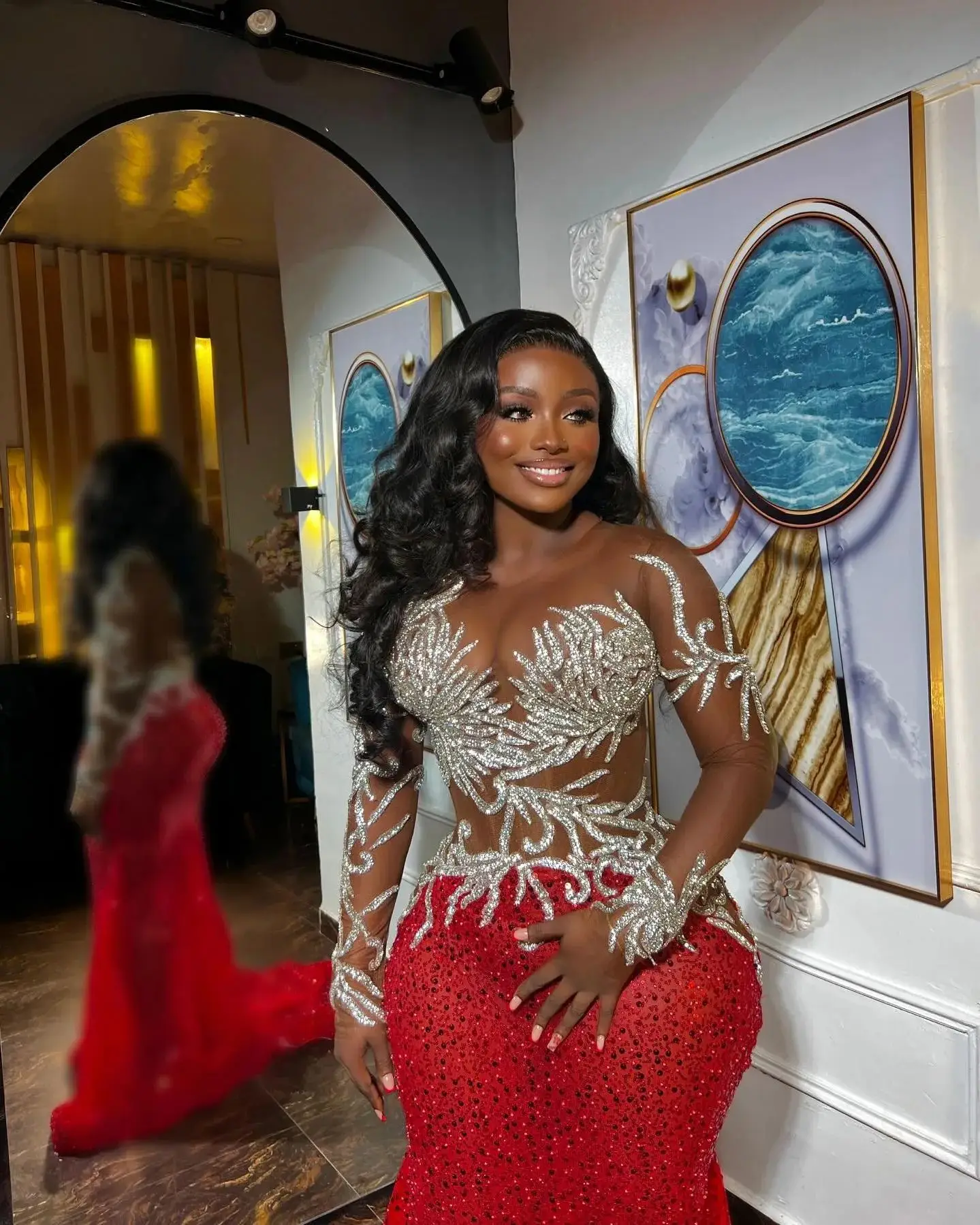 Plus Size African Red Mermaid Evening Dresses Sparkle Sequin Beaded Wedding Reception Gown Aso Ebi Style Formal Dress Black Wome