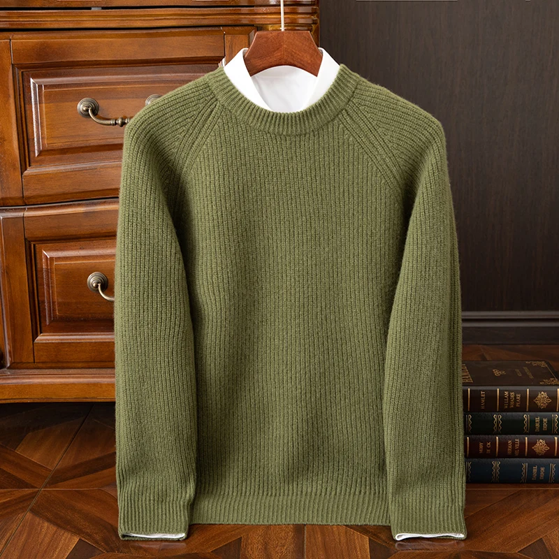 Classic Men Business Casual Sweater 100% Pure Australian Wool Pullover O-Neck Vertical stripe style Warm Thick High-quality Tops