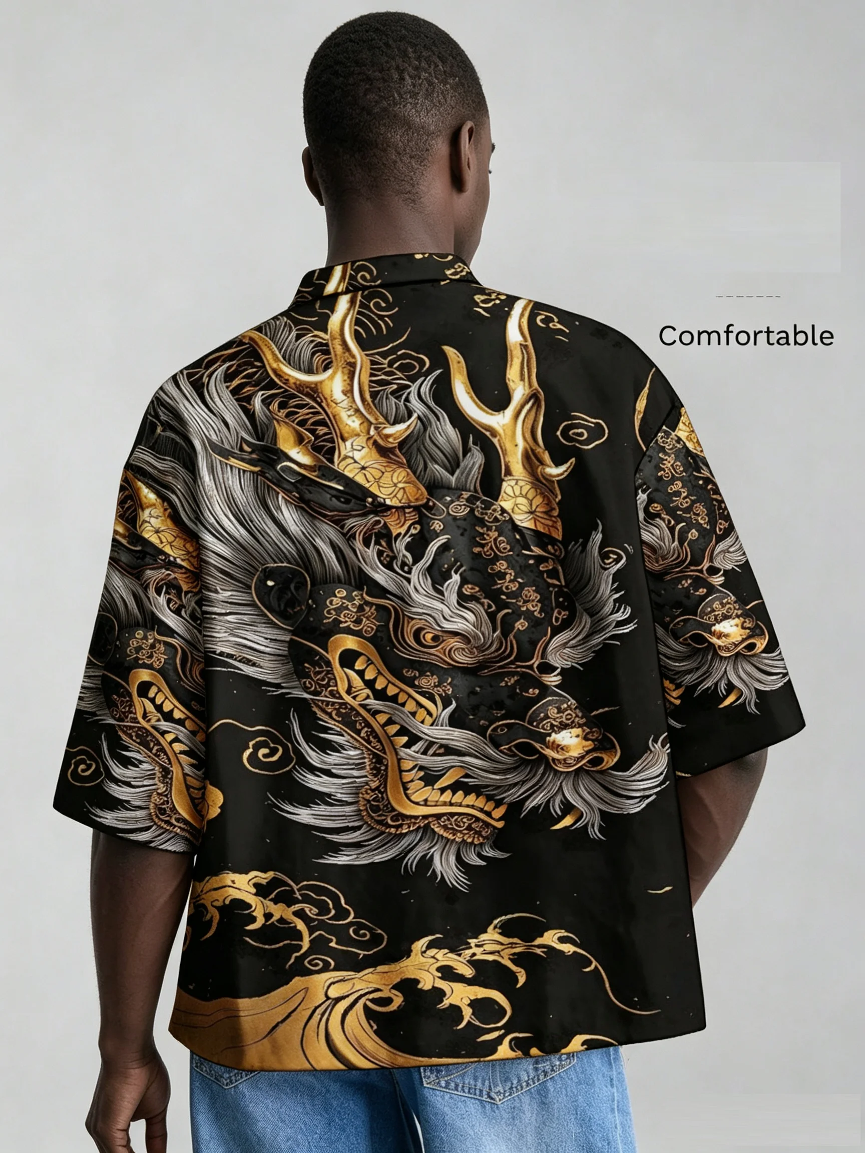 Men Chinese Style Frog Button Stand Collar Shirt, Loose Short Sleeve Dragon Wave Print Casual Blouse For Summer