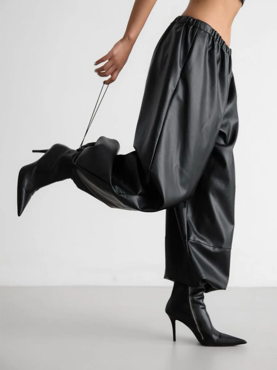 الخريف النساء بولي Leather الجلود مطاطا حزام فانوس السراويل سيدة عادية فضفاض لامعة بولي Trousers الاتجاه موضة الشارع السراويل الطويلة 2025 #6