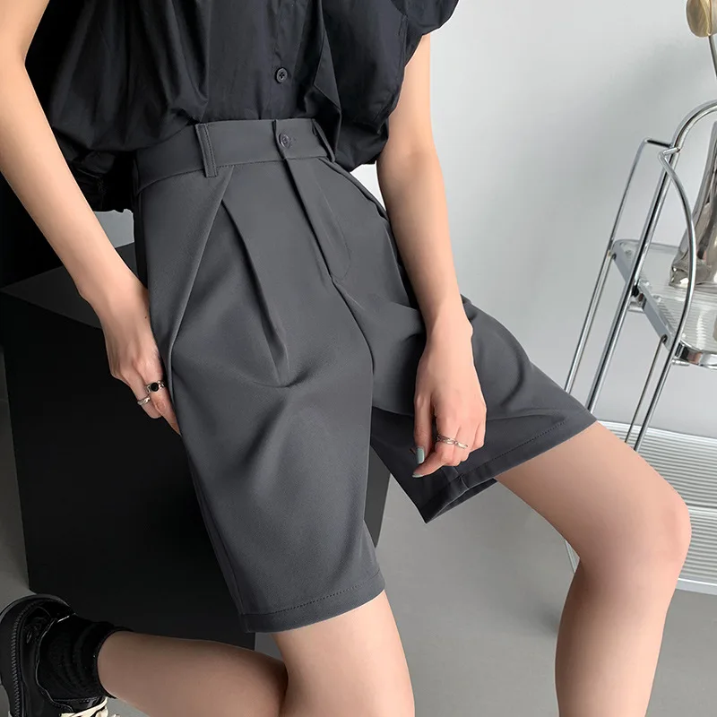 

Black suit shorts for women's summer thin high waisted oversized loose casual wide leg A-line capris clothes