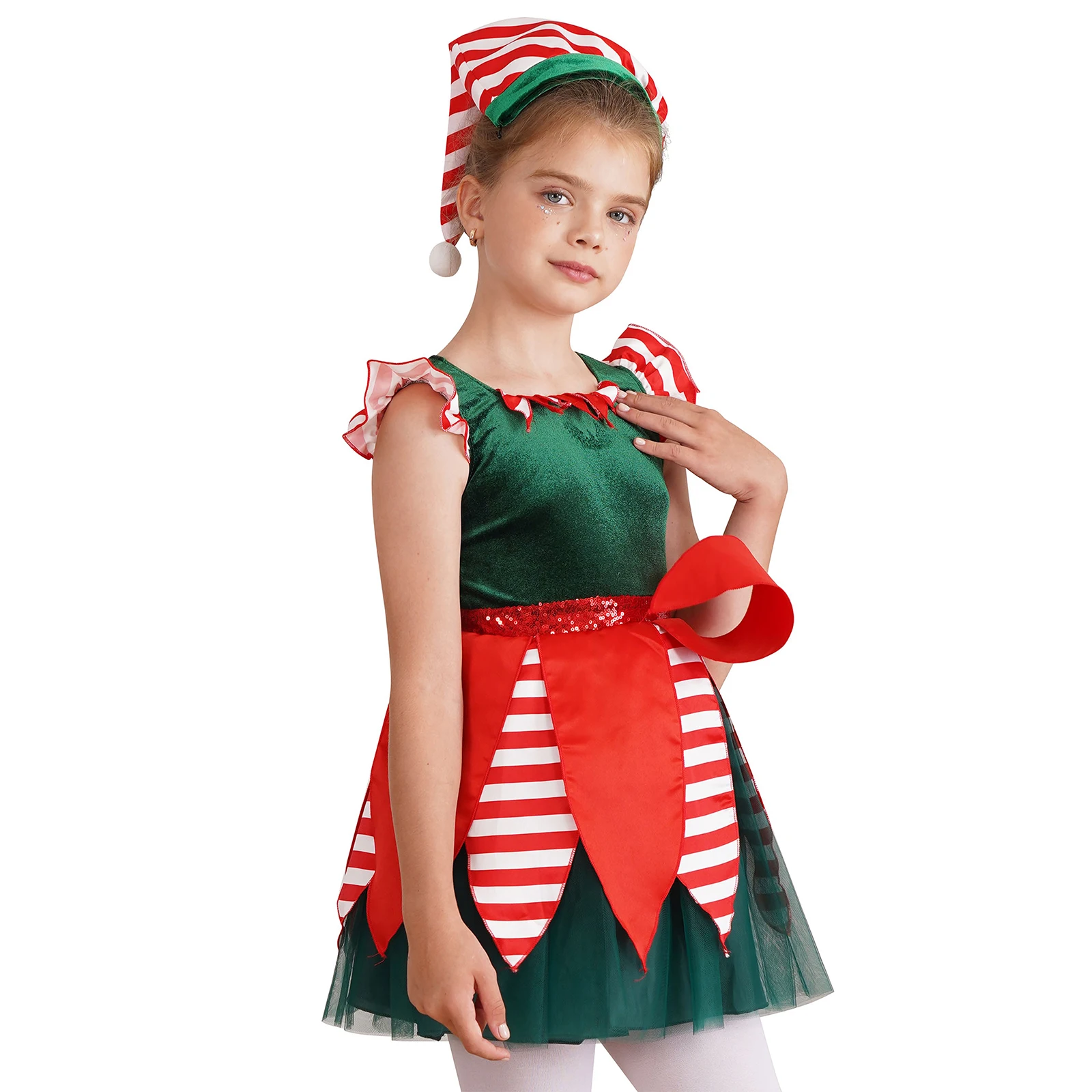 Vestito da tutù in rete con stampa a righe e paillettes per bambina con cappello, girocollo, senza maniche, vestito da pattinaggio su ghiaccio, costume da ballo di Natale