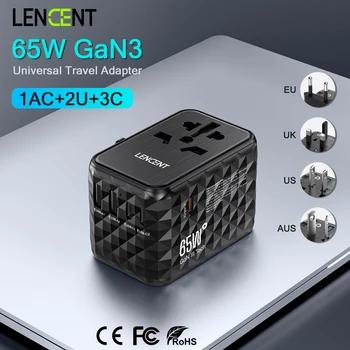 LENCENT 65W GaN Adaptador de viagem universal com 2 USB 3 tipo C Carregador de viagem tudo-em-um de carregamento rápido UE / Reino Unido / EUA / AUS para viagens