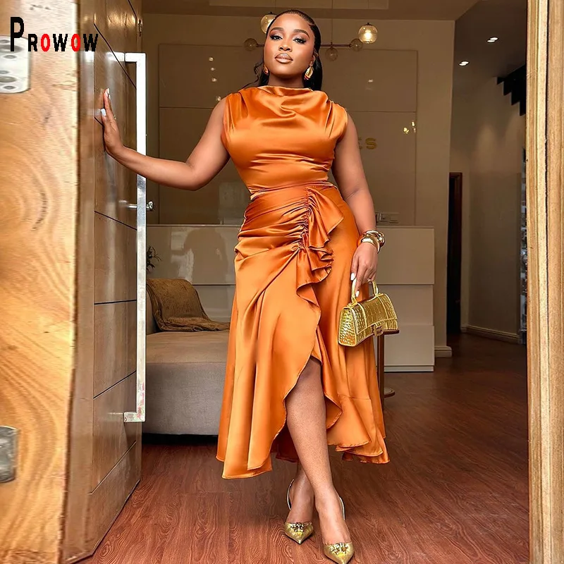 

Prowow Elegant Irregularity Ruffle Women's Maxi Dress 2025 New Summer Silk Summer Female Slim Fit Birthday Evening Party Clothes