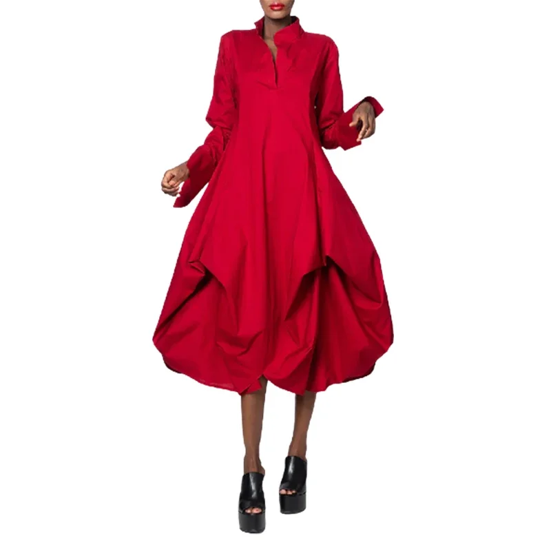 

Gymystars 2024 New Women's Stylish Solid Color Dresses Spring Loose Stand-Collar Long Sleeves Red Party Midi Dress