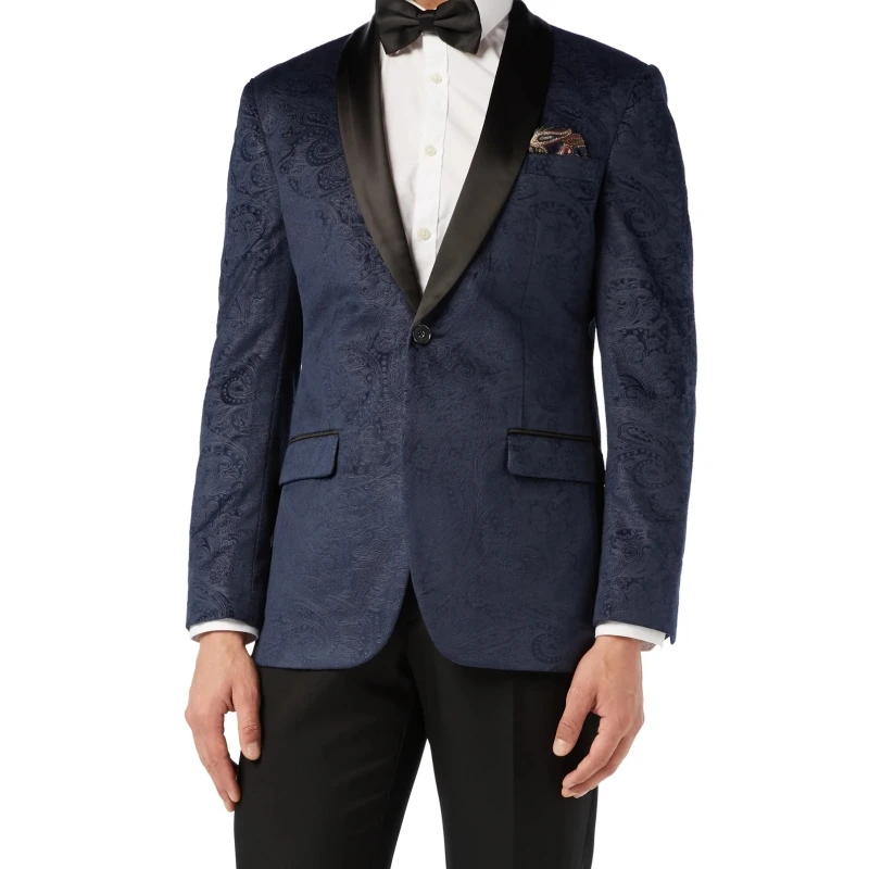 Lansboter Men Suit Black 2 Pieces Patterned Fabric With Black Lapel Fit Wedding Banquet Party Work Suit Jacket With Pants