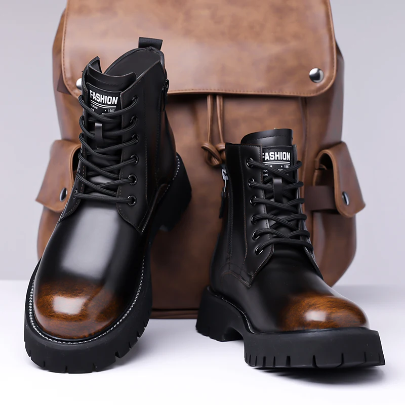 

Autumn Winter New Style Gradient Color Men High Top Cotton Shoes Warm High-end Anti Slip Motorcycle Boots