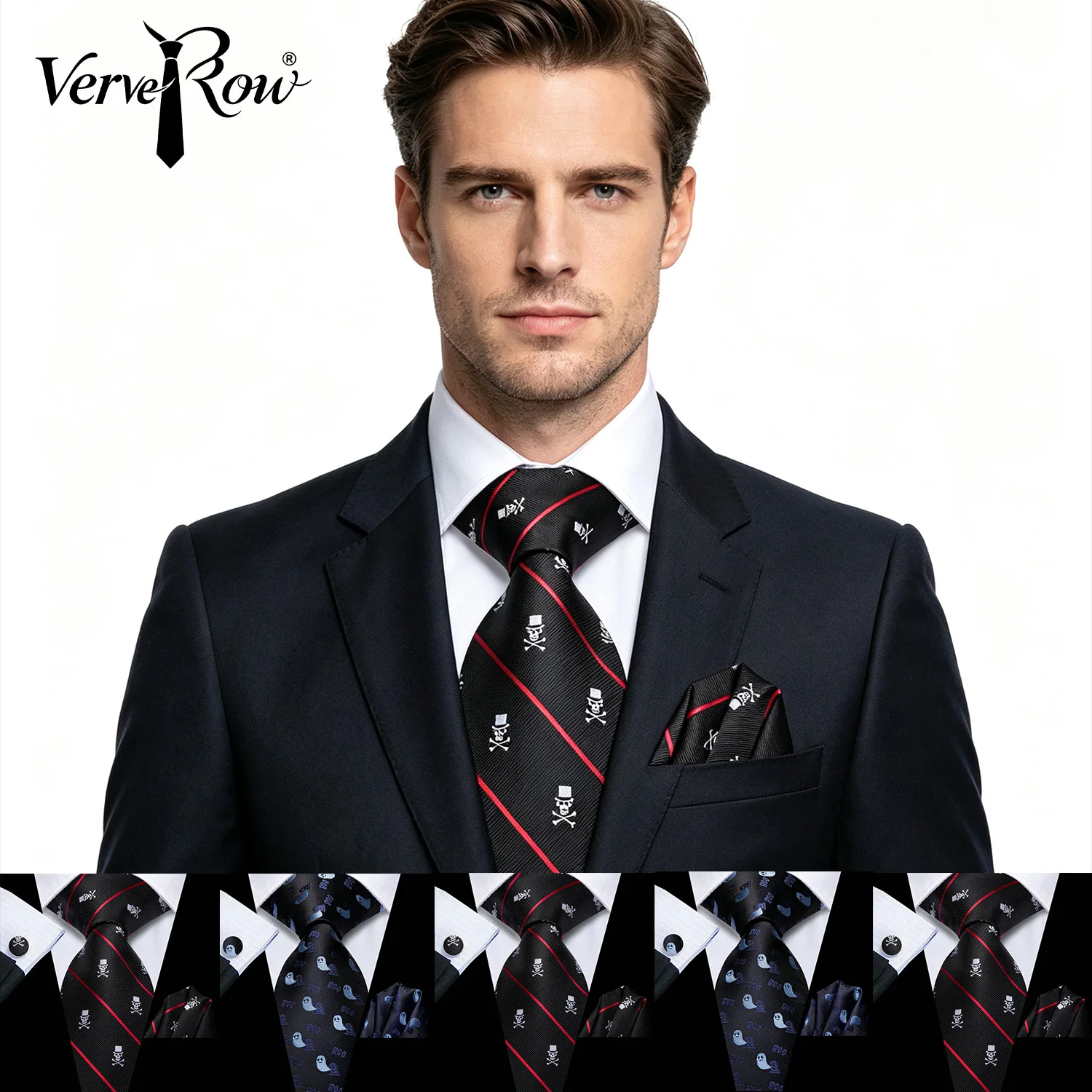 VERVEROW Multi‑Color Skull Pirate Necktie Handkerchief Cufflinks Kit Men Halloween Cosplay Dress‑up Gift