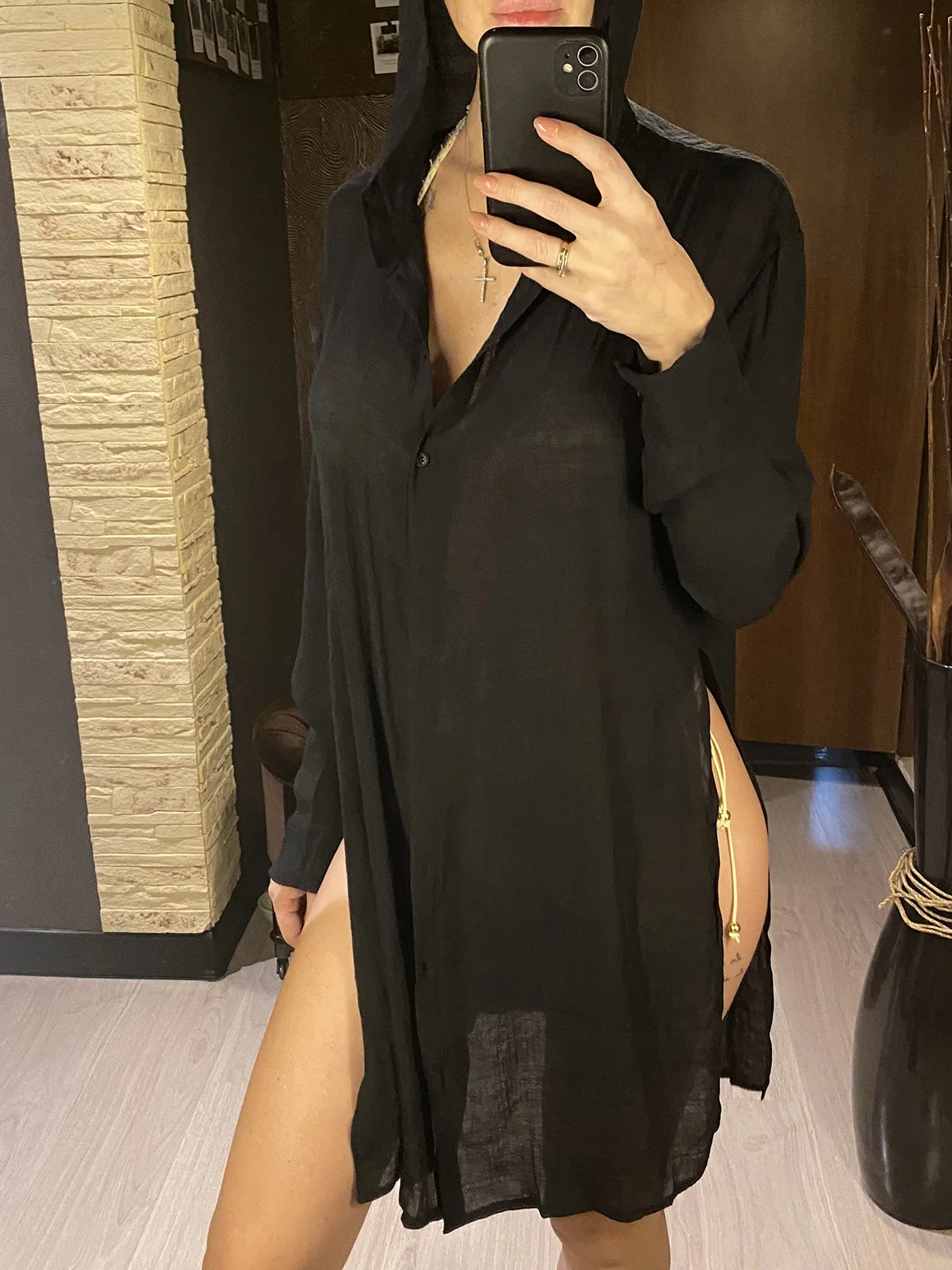 

New Hooded White Shirt Long Sleeve Top Blouse Tunic Beach Cover Up Cover-ups Beach Dress Beach Wear Beachwear Female Women V6107