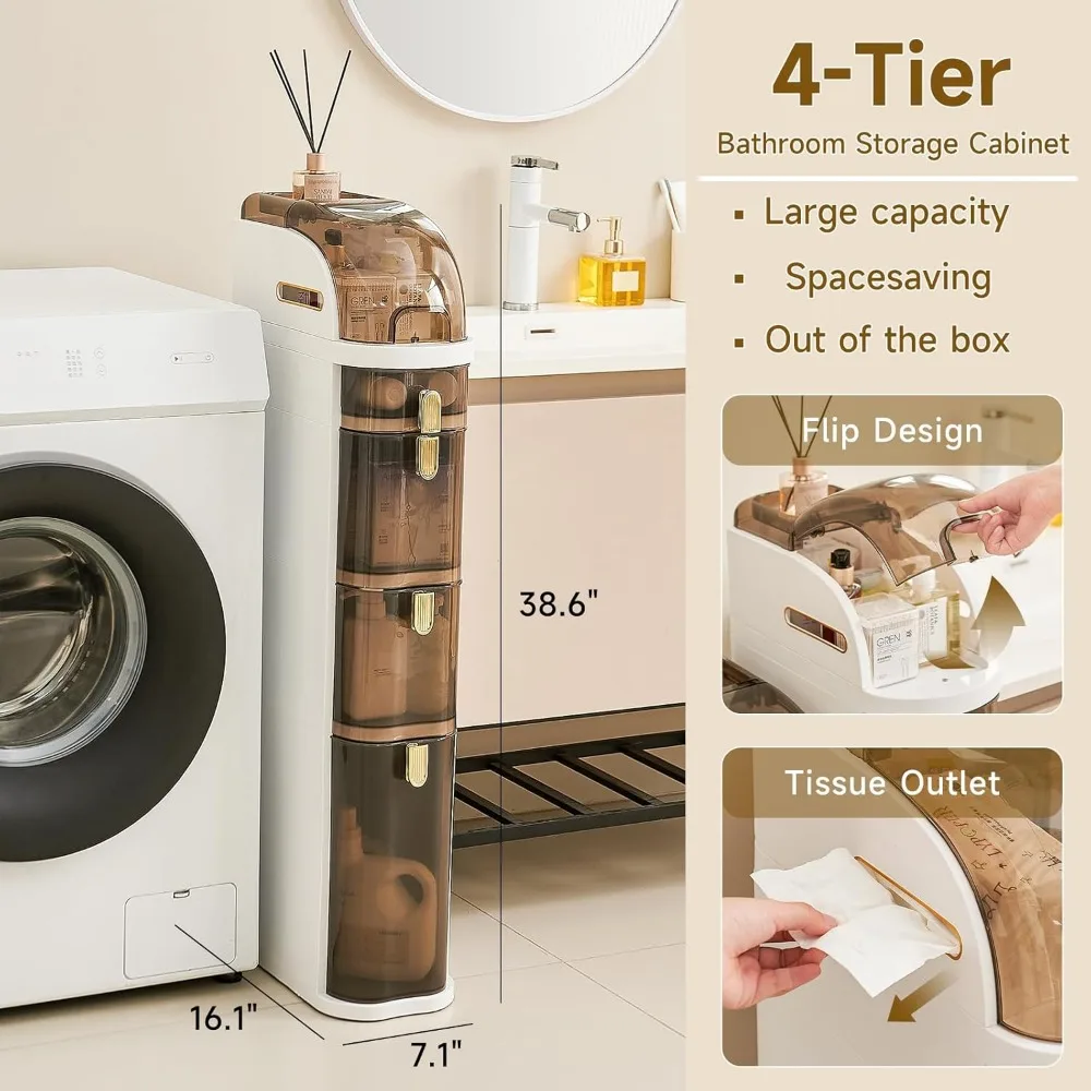 4-Tiers Slim Bathroom Floor Storage Cabinet for Small Spaces, Waterproof Narrow Movable Bathroom Organizer with Drawers & Toilet
