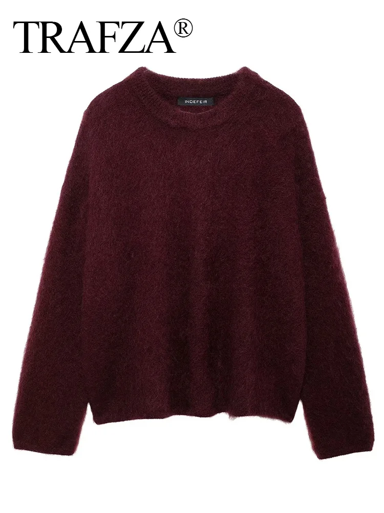 TRAFZA Women's Solid Colour Round Neck Sweater Commuter Style New Burgundy Pullover Long Sleeve Knitted Sweater Casual Tops