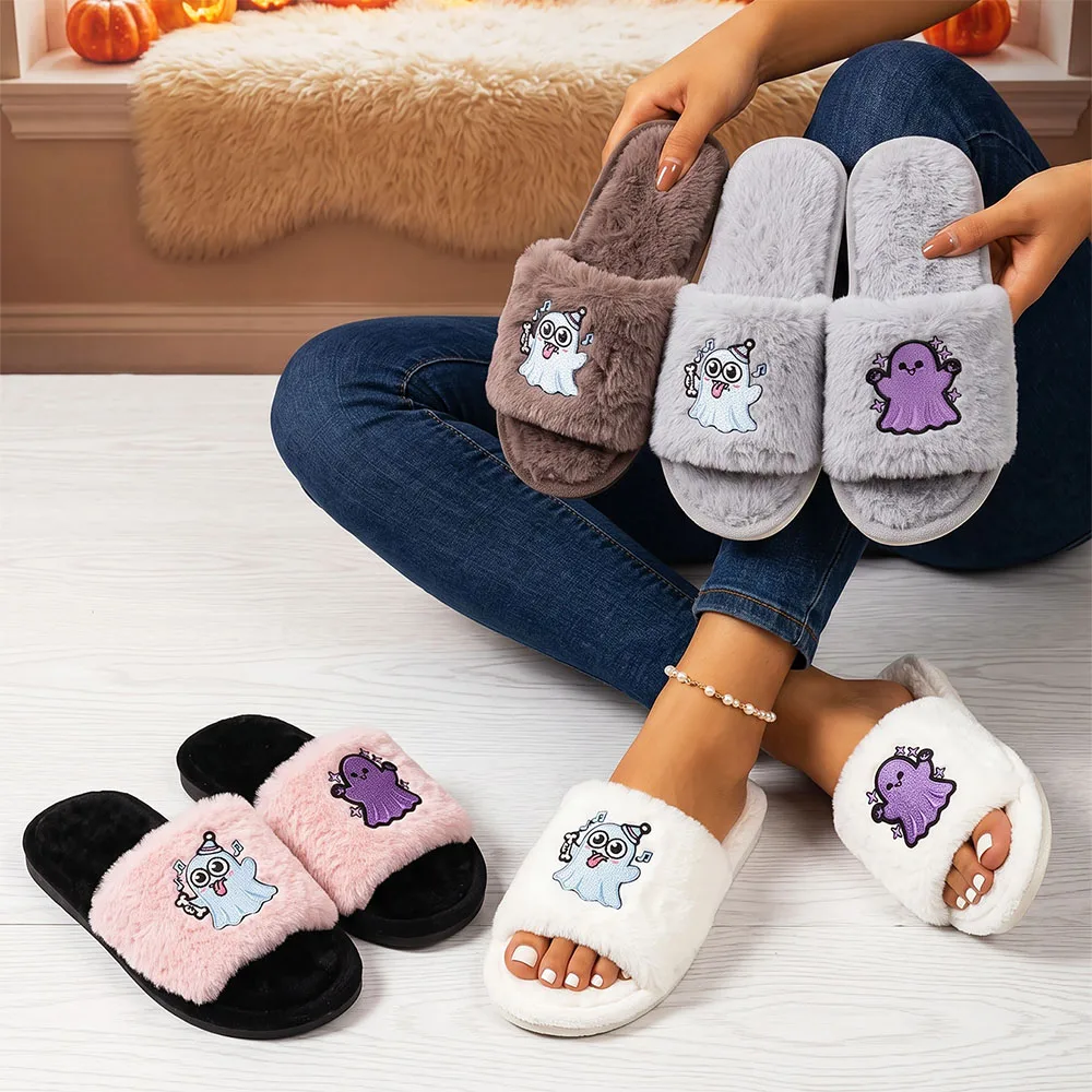 Women's Halloween Slippers Cute Ghost Embroidery Fluffy Plush Open Toe Cozy Lightweight Flat Heel Indoor Home Shoes