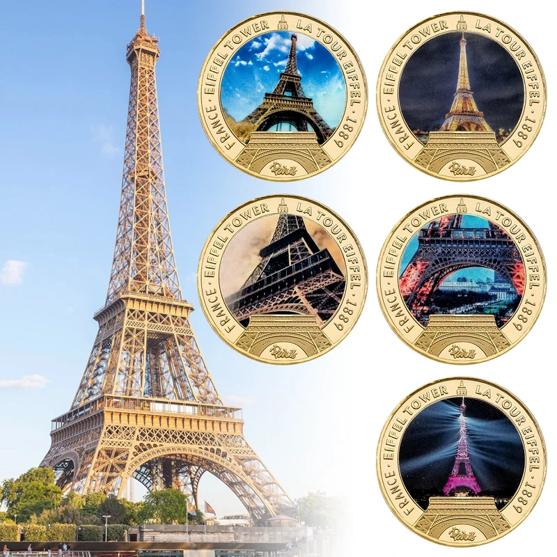 

France Eiffel Tower Gold Plated Commemorative Coin 1889 Paris Eiffel Tower Challenge Coin Keychain Souvenir Gift for Collection