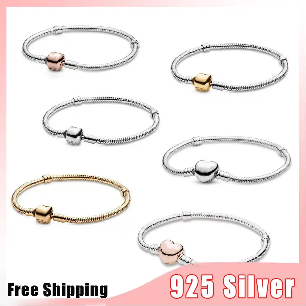 

S925 Silver Panjia High Quality Square/Heart Shaped Moments Snake Bracelet Suitable for Christmas Jewelry Gifts